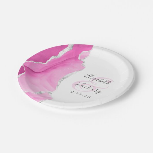 Assiettes En Carton Agate Géode Script Mariage en argent rose (Angle)
