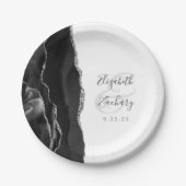 Assiettes En Carton Agate Geode Script Mariage noir argent (Devant)