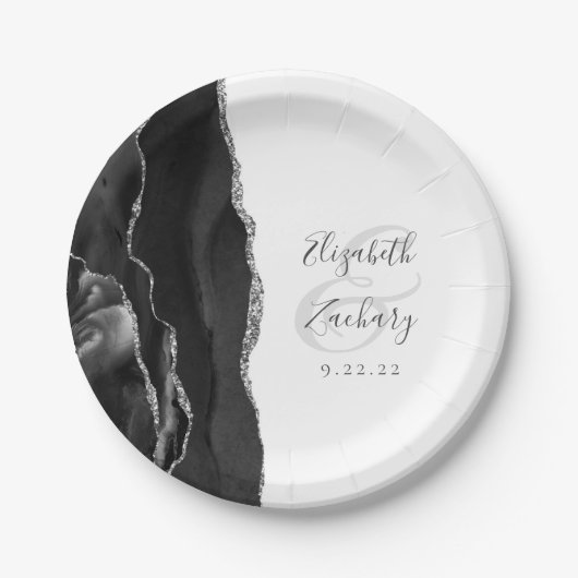 Assiettes En Carton Agate Geode Script Mariage noir argent (Devant)