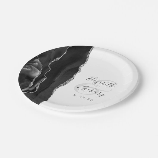 Assiettes En Carton Agate Geode Script Mariage noir argent (Angle)