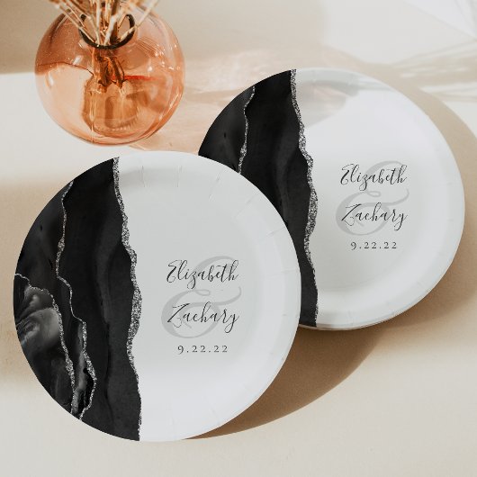 Assiettes En Carton Agate Geode Script Mariage noir argent