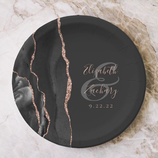 Assiettes En Carton Agate Geode Script Rose noir Gold Dark Mariage