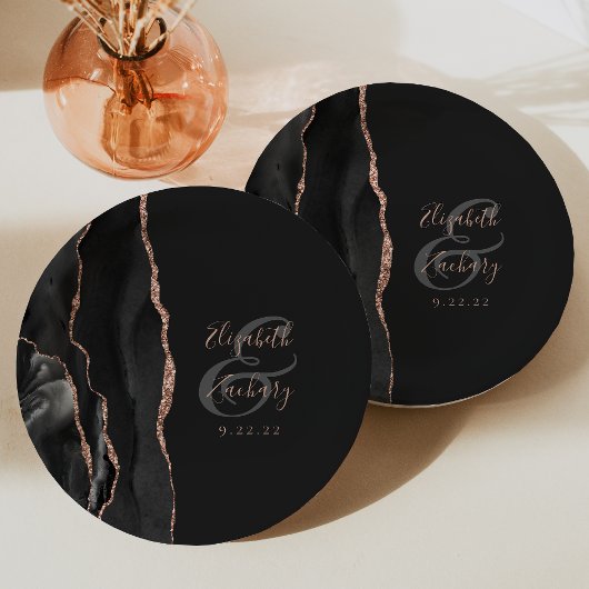 Assiettes En Carton Agate Geode Script Rose noir Gold Dark Mariage