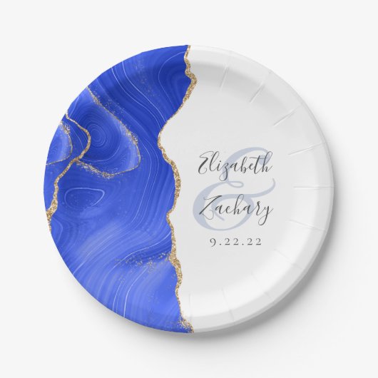 Assiettes En Carton Agate Geode Script Royal Blue Gold Mariage (Devant)