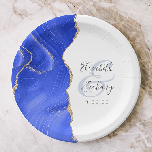 Assiettes En Carton Agate Geode Script Royal Blue Gold Mariage