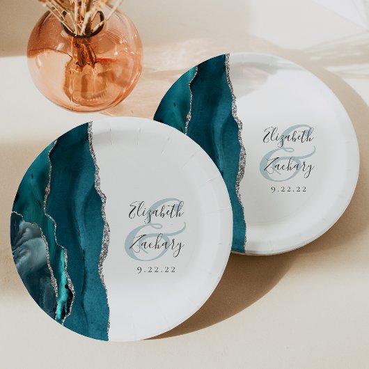 Assiettes En Carton Agate Geode Script Turquoise Silver Mariage