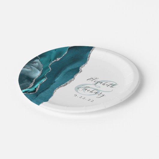Assiettes En Carton Agate Geode Script Turquoise Silver Mariage (Angle)