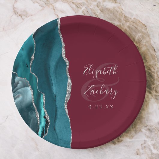 Assiettes En Carton Agate Geode Silver Script Burgundy Wedding