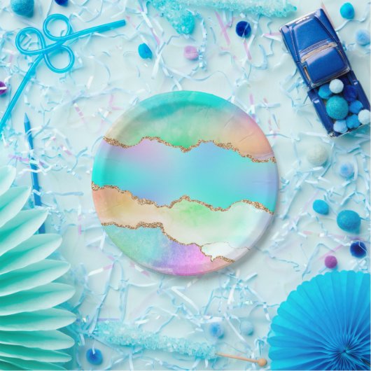 Assiettes En Carton Agate Holo | Faux Iridescente Pastel Ombre Marble (Fête)