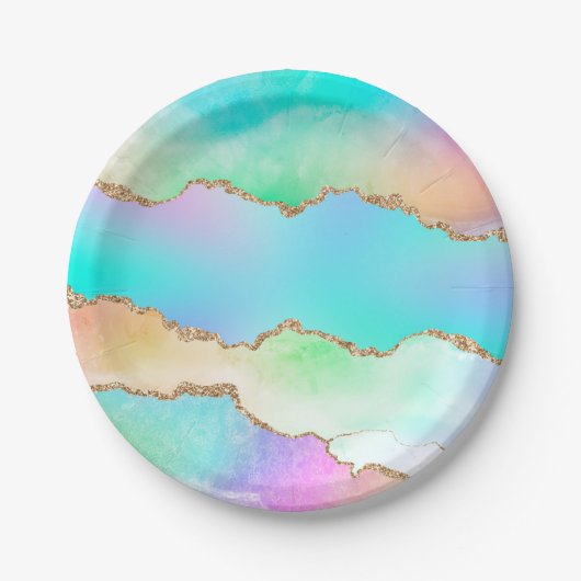 Assiettes En Carton Agate Holo | Faux Iridescente Pastel Ombre Marble (Devant)