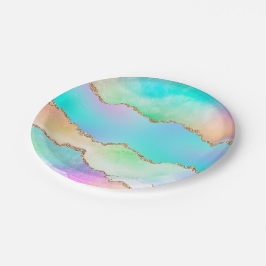 Assiettes En Carton Agate Holo | Faux Iridescente Pastel Ombre Marble (Angle)