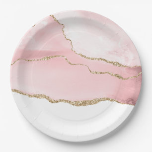 Assiettes En Carton Agate rose vierge avec ruban or Élégant