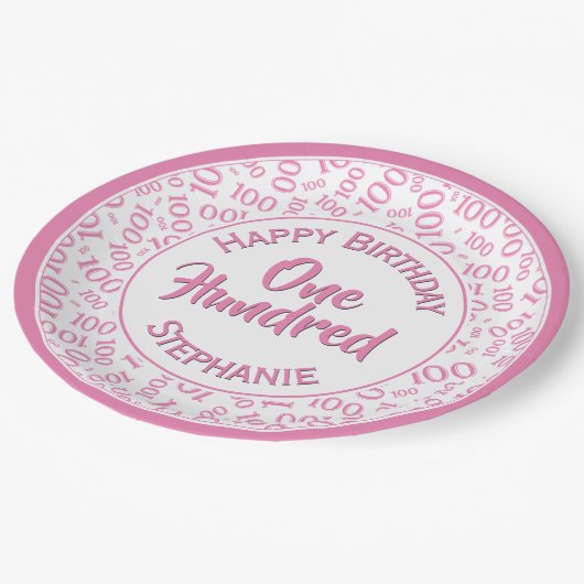 Assiettes En Carton Âge 100 Nombre éparpillé Motif rose/blanc (Angle)