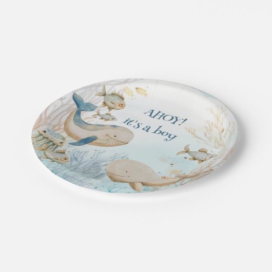 Assiettes En Carton Ahoy c'est un Boy Ocean Life Whale Baby shower (Angle)