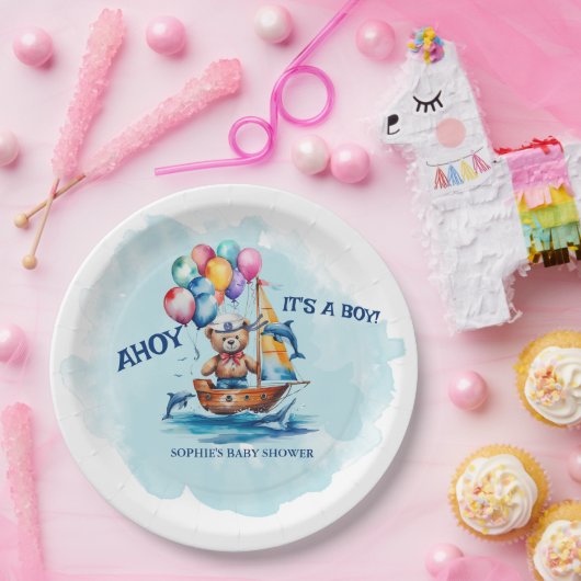 Assiettes En Carton Ahoy C'Est Un Garçon Baby shower À Thème Nautique (Fête)