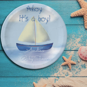 Assiettes En Carton Ahoy c'est un garçon ! Baby Shower Bleu