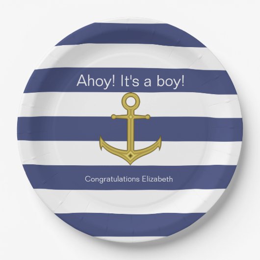 Assiettes En Carton Ahoy ! C'est un garçon ! Baby shower bleu blanc (Devant)