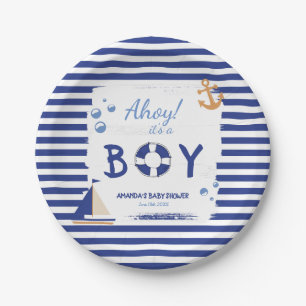 Assiettes En Carton Ahoy C'est un garçon ! Baby shower bleu marin