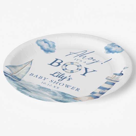 Assiettes En Carton Ahoy C'Est Un Garçon Baby shower Nautique (Angle)