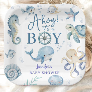 Assiettes En Carton Ahoy C'est Un Garçon Baby Shower Nautique Bleu