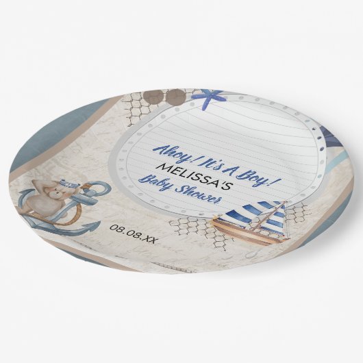 Assiettes En Carton Ahoy c'est un thème de baby shower nautique garçon (Angle)