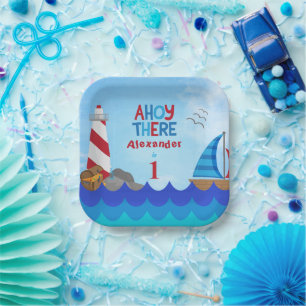 Assiettes En Carton "Ahoy There" Citation Lighthouse Voilier Trésor