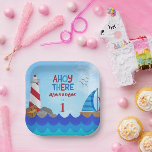 Assiettes En Carton "Ahoy There" Citation Lighthouse Voilier Trésor (Fête)