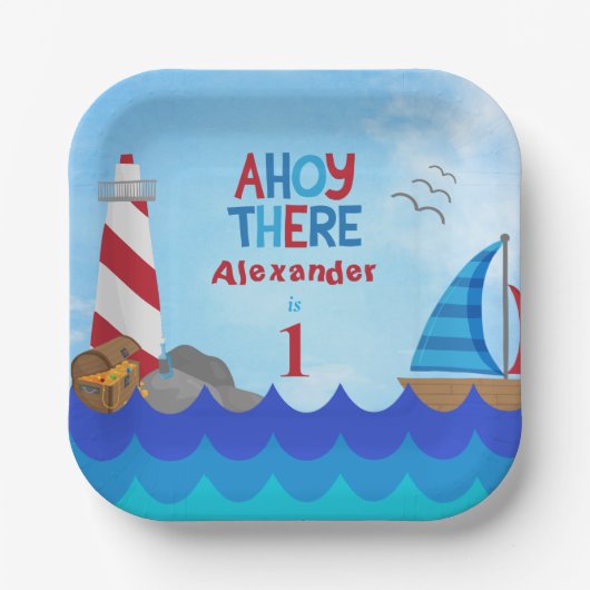Assiettes En Carton "Ahoy There" Citation Lighthouse Voilier Trésor (Recto)