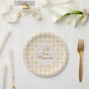 Assiettes En Carton Aïd Moubarak Fête Islamique Elégant Blanc et Or