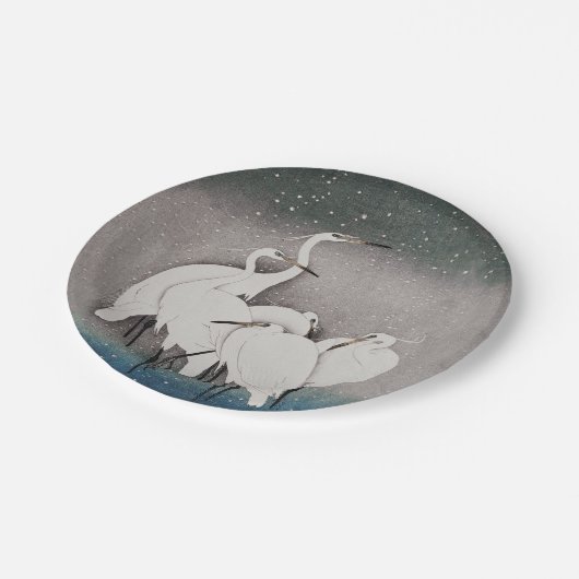 Assiettes En Carton Aigrettes japonaises Grues Koson Neige d'hiver (Angle)