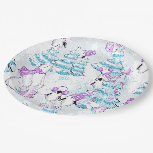 Assiettes En Carton Aiguille polaire mignonne et des amis pingouins (Angle)