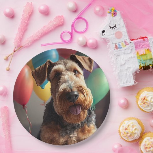 Assiettes En Carton Airedale chien avec gâteau et ballons (Fête)
