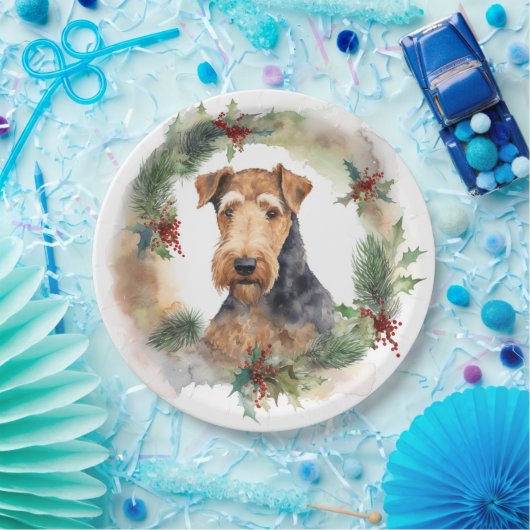 Assiettes En Carton Airedale Christmas Wreath Festive Pup (Fête)