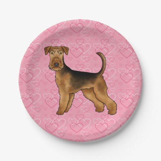 Assiettes En Carton Airedale Terrier Chien Aimer Avec Motif Coeur Rose (Devant)