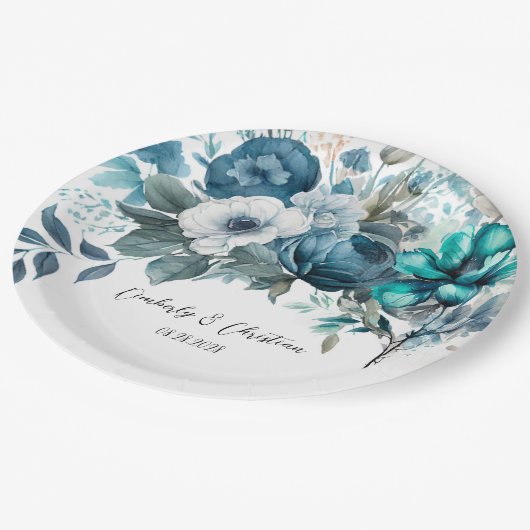 Assiettes En Carton Airy Blue et Turquoise Peony Rustic Mariage (Angle)