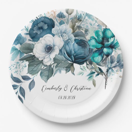 Assiettes En Carton Airy Blue et Turquoise Peony Rustic Mariage (Devant)