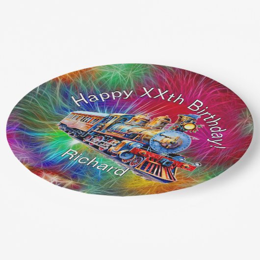 Assiettes En Carton Ajouter le nom Age, Steam Train fête d'anniversair (Angle)