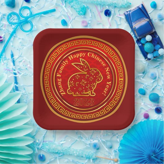 Assiettes En Carton Ajouter le nom Nouvel An Chinois 2023 Lapin Rouge  (Fête)