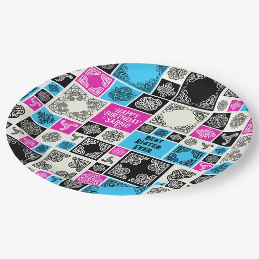 Assiettes En Carton Ajouter Nom & Relation Anniversaire Magenta & Bleu (Angle)