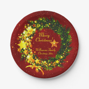 Assiettes En Carton Ajouter un nom Année Noël 20xx Gold Wreath sur Red