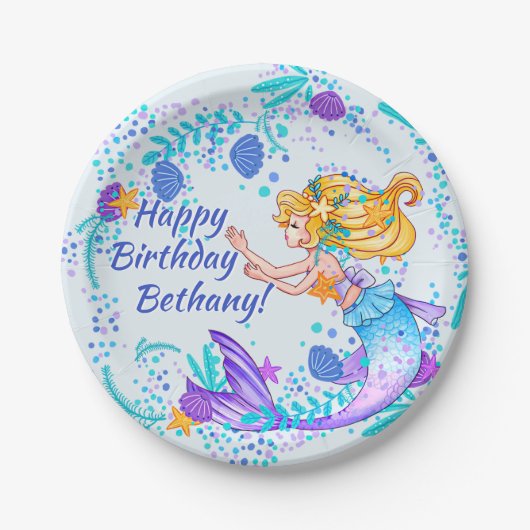 Assiettes En Carton Ajouter un nom Texte Blonde Mermaid Blue Mauve Aqu (Devant)