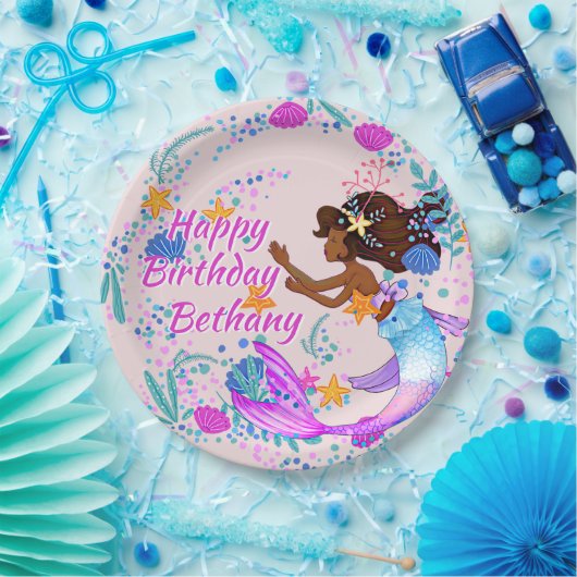 Assiettes En Carton Ajouter un nom Texte Mermaid Pink Mauve Aqua Party (Fête)