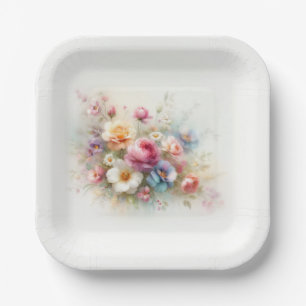 Assiettes En Carton Ajoutez Votre Texte Modèle Élégant Fleurs Aquarell