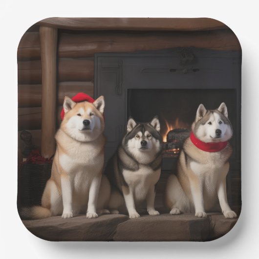Assiettes En Carton Akita par le Noël de la cheminée (Recto)