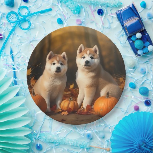 Assiettes En Carton Akita Puppy Citrouille d'automne (Fête)