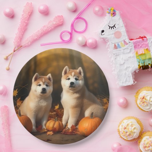 Assiettes En Carton Akita Puppy Citrouille d'automne (Fête)