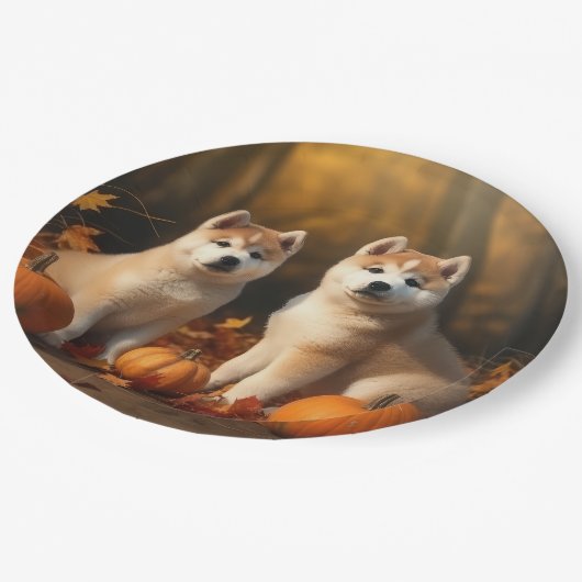 Assiettes En Carton Akita Puppy Citrouille d'automne (Angle)