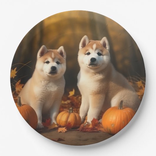 Assiettes En Carton Akita Puppy Citrouille d'automne (Devant)