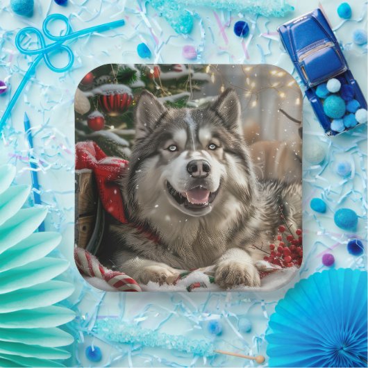 Assiettes En Carton Alaskan Malamute Chien Fête de Noël (Fête)