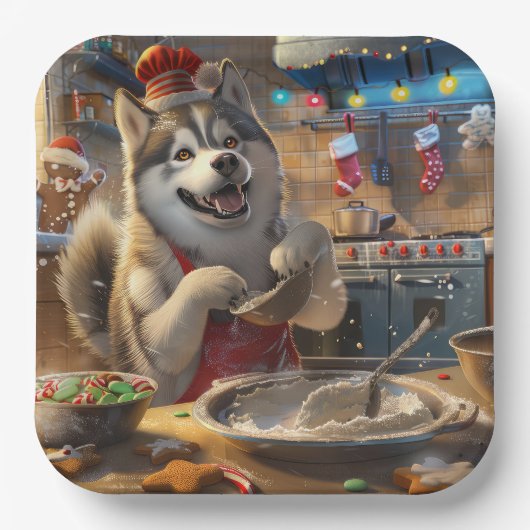 Assiettes En Carton Alaskan Malamute : Noël festif (Recto)